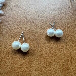 Elegant Double Pearl Stud Earrings Silver Tone Modern‎ Minimalist Style